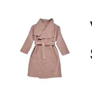 VTG Belted Coat Long Drape Front Waterfall Wrap Mauve Pink Small S